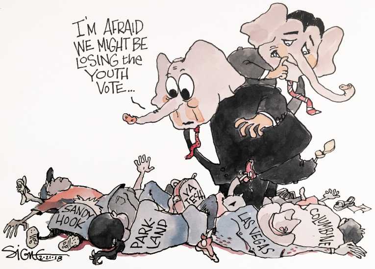 Political/Editorial Cartoon by Signe Wilkinson, Philadelphia Daily News on School Shooter Kills 17