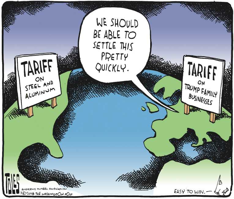 Political/Editorial Cartoon by Tom Toles, Washington Post on Tariff Threat Shocks Market