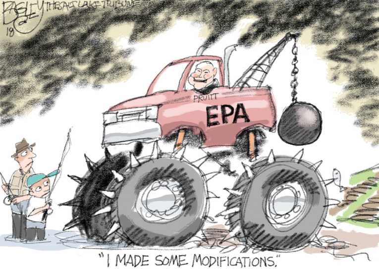Political/Editorial Cartoon by Pat Bagley, Salt Lake Tribune on Scott Pruitt Not Fired