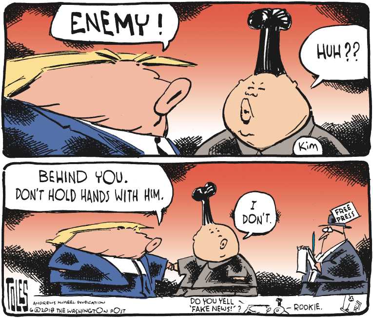 Political/Editorial Cartoon by Tom Toles, Washington Post on Trump Lauds Kim Meeting