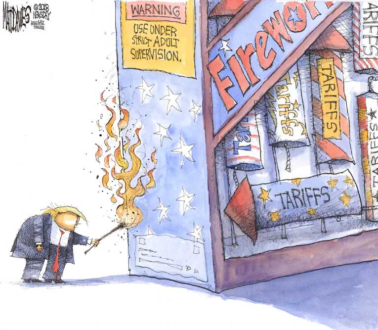 Political/Editorial Cartoon by Matt Davies, Journal News on Trade War Escalates