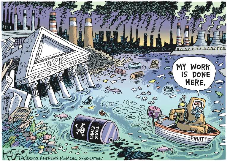 Political/Editorial Cartoon by Rob Rogers, The Pittsburgh Post-Gazette on Pruitt Resigns From EPA