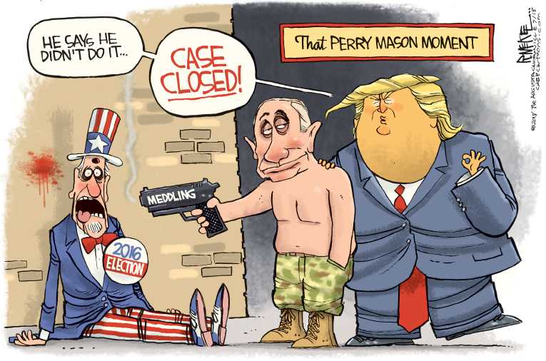 Political/Editorial Cartoon by Rick McKee, The Augusta Chronicle on Trump Crashes in Helsinki