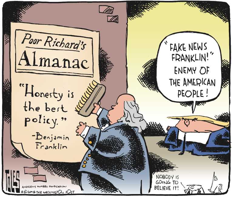 Political/Editorial Cartoon by Tom Toles, Washington Post on Trump Attacks Press