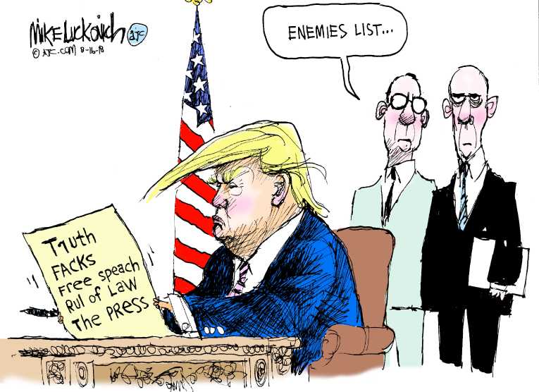 Political/Editorial Cartoon by Mike Luckovich, Atlanta Journal-Constitution on President Attacks Press