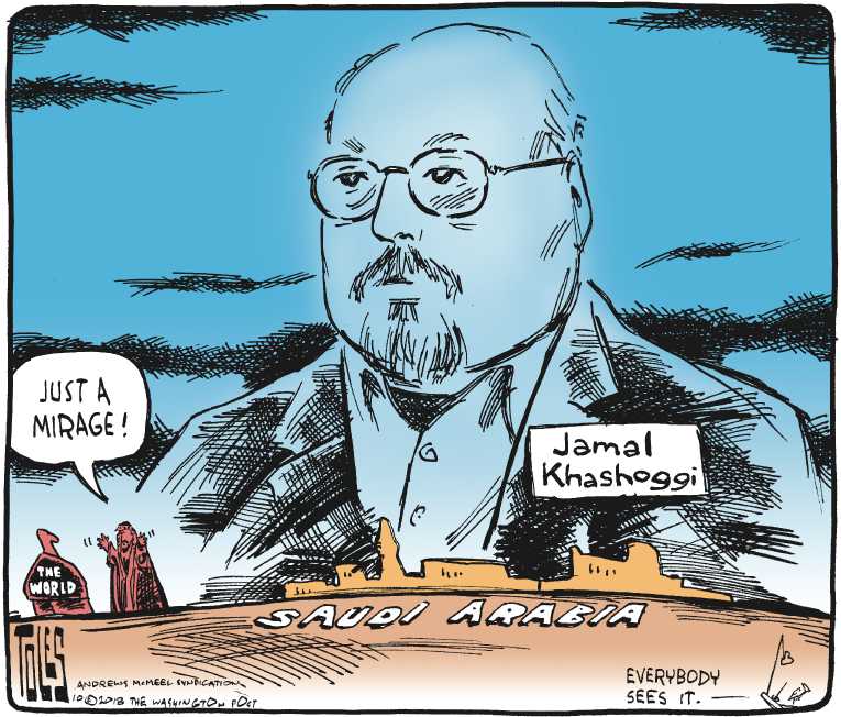 Political/Editorial Cartoon by Tom Toles, Washington Post on Saudis Kill, Mutilate Journalist