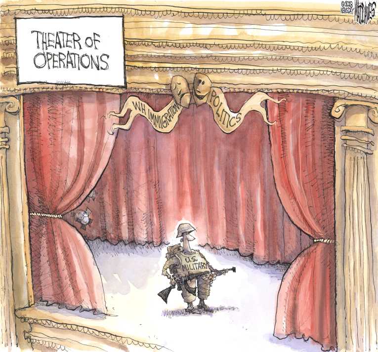 Political/Editorial Cartoon by Matt Davies, Journal News on President Warns of Invasion
