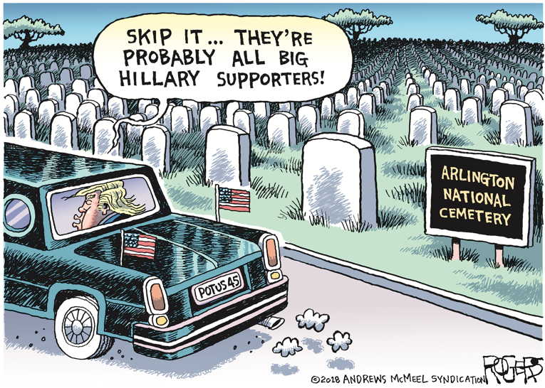 Political/Editorial Cartoon by Rob Rogers on Trump Pays Tribute Best He Can