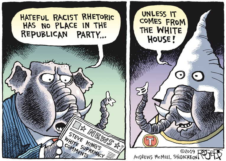 Political/Editorial Cartoon by Rob Rogers on GOP Slaps Racist’s Hand