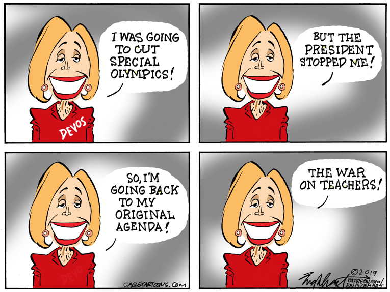 Political/Editorial Cartoon by Bob Englehart, Hartford Courant on Devos Attacks Special Olympics