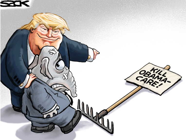 Political/Editorial Cartoon by Steve Sack, Minneapolis Star Tribune on Trump Attacks Obamacare