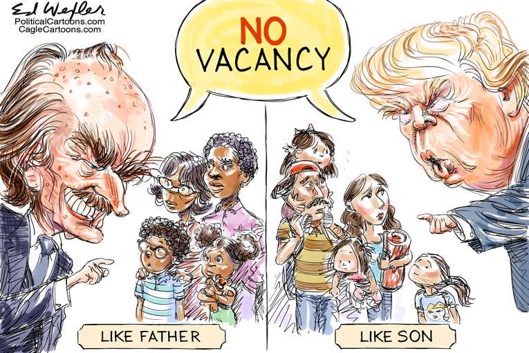 Political/Editorial Cartoon by Ed Wexler, PoliticalCartoons.com on President Declares “We’re Full.”