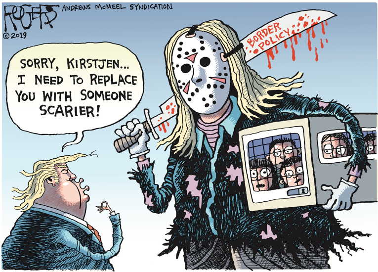 Political/Editorial Cartoon by Rob Rogers on Homeland Secretary Canned