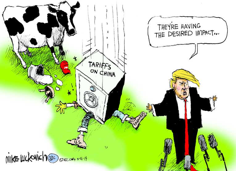 Political/Editorial Cartoon by Mike Luckovich, Atlanta Journal-Constitution on China and U.S. Raise Tariffs