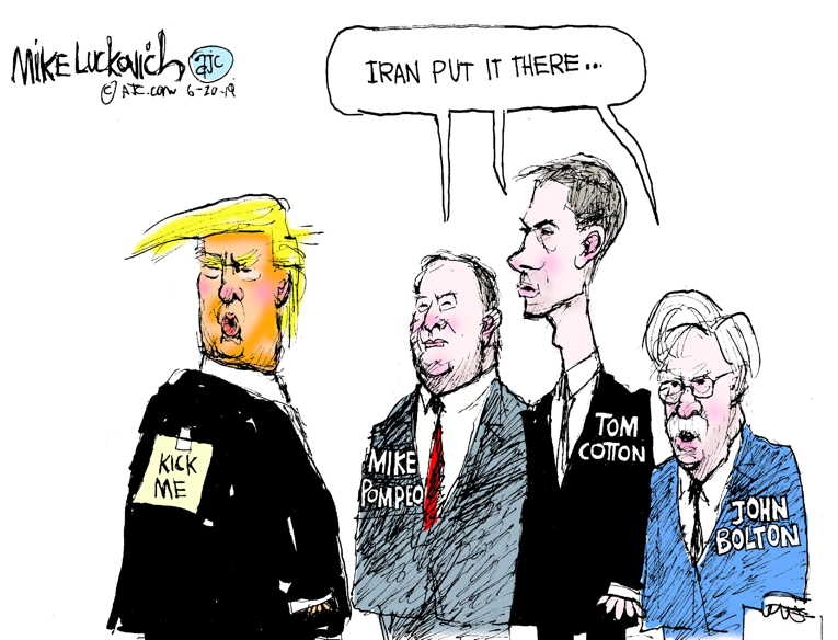 Political/Editorial Cartoon by Mike Luckovich, Atlanta Journal-Constitution on Iran Shoots Down US Spy Drone