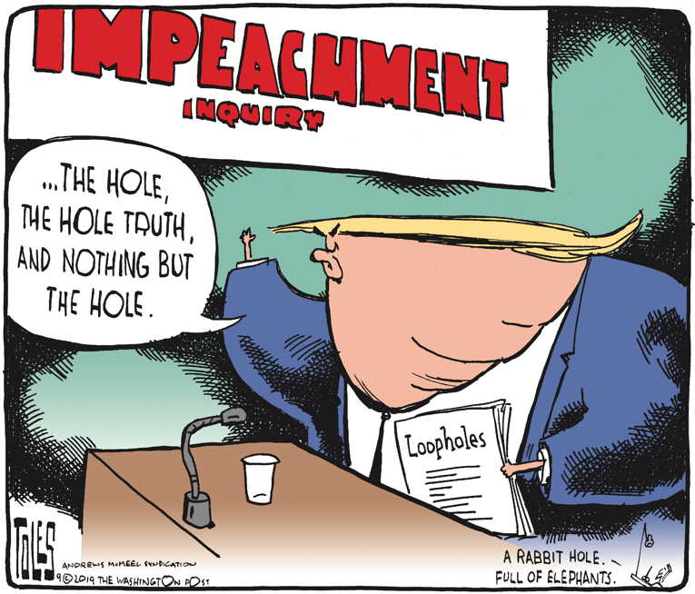 Political/Editorial Cartoon by Tom Toles, Washington Post on Democrats Move on Impeachment