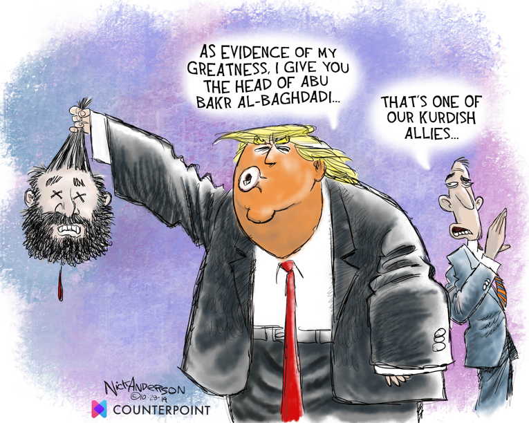 Political/Editorial Cartoon by Nick Anderson, Houston Chronicle on Trump Revels in Killing