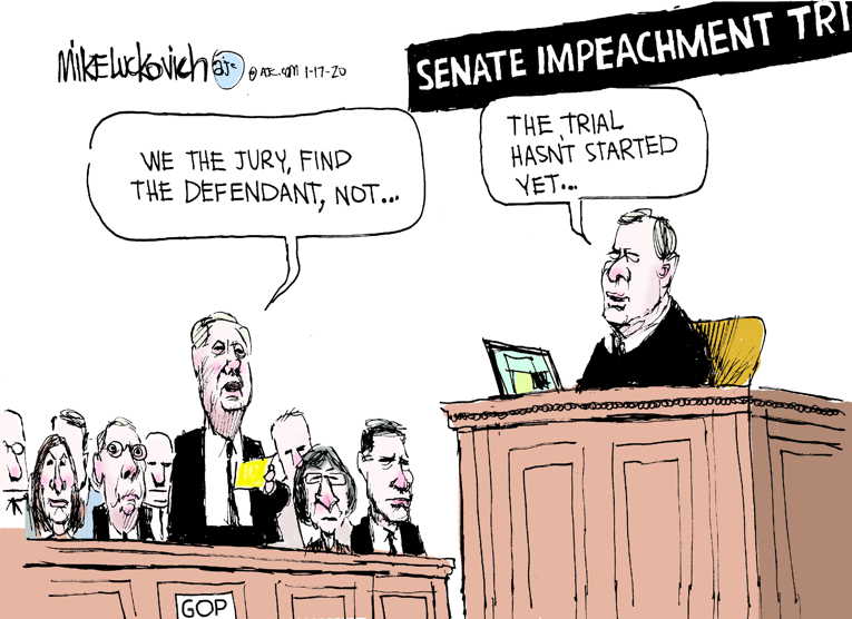 Political/Editorial Cartoon by Mike Luckovich, Atlanta Journal-Constitution on Impeachment Trial Begins