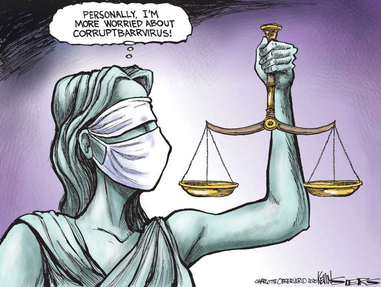 Political/Editorial Cartoon by Kevin Siers, Charlotte Observer on Barr Claims Discomfort