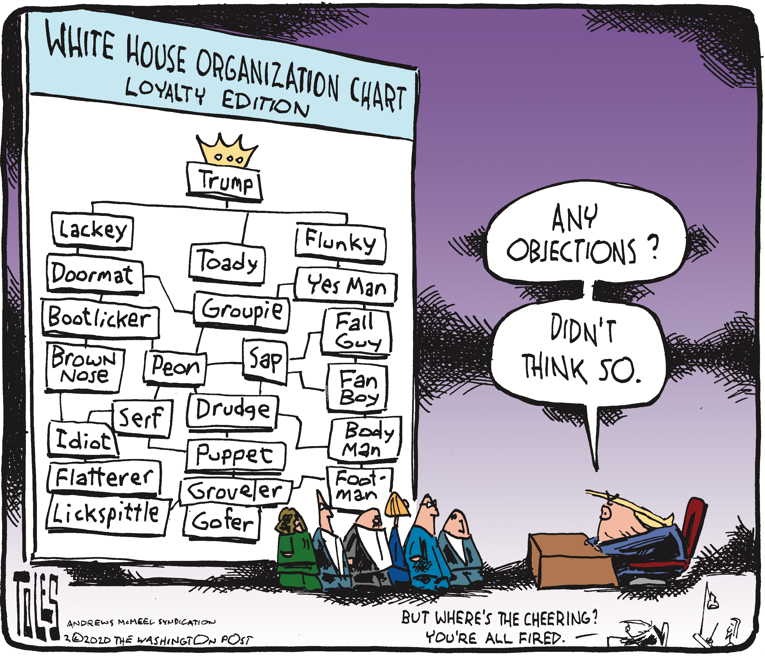 Political/Editorial Cartoon by Tom Toles, Washington Post on Trump Cleaning House