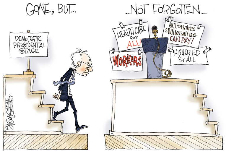 Political/Editorial Cartoon by Signe Wilkinson, Philadelphia Daily News on Sanders Suspends Campaign