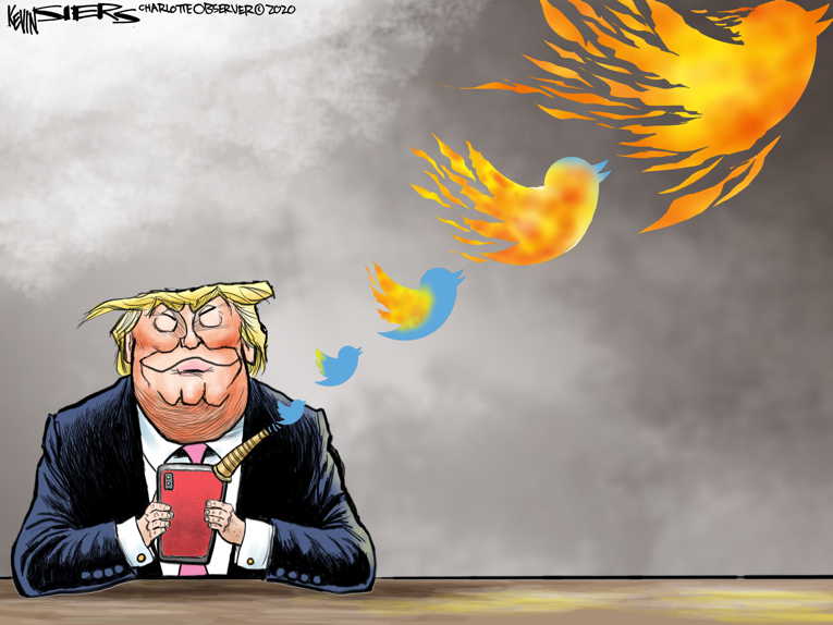 Political/Editorial Cartoon by Kevin Siers, Charlotte Observer on Twitter Battle Escalates