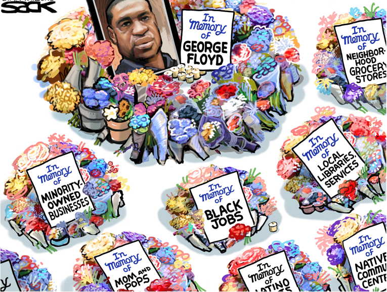 Political/Editorial Cartoon by Steve Sack, Minneapolis Star Tribune on George Floyd Laid to Rest