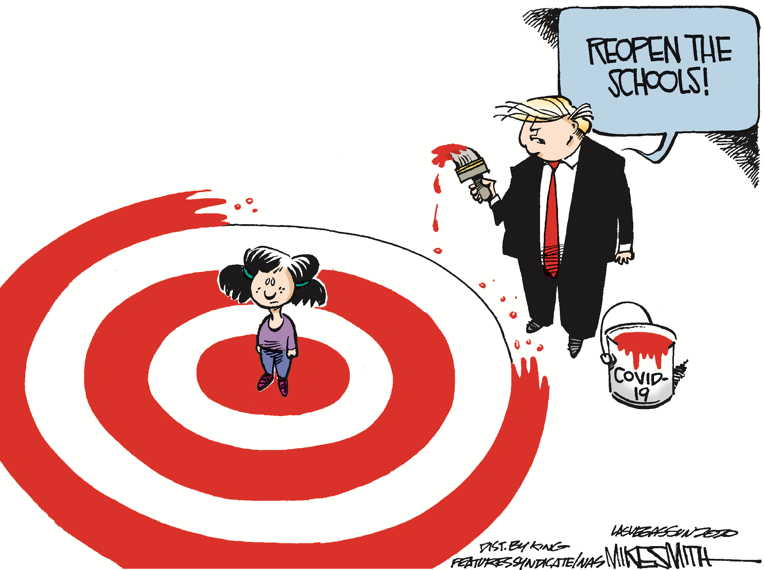 Political/Editorial Cartoon by Mike Smith, Las Vegas Sun on President Threatens Schools