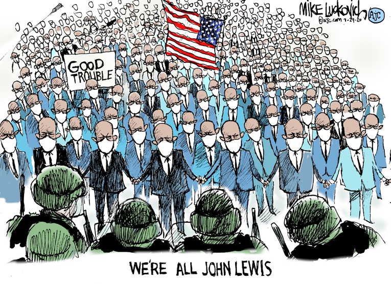 Political/Editorial Cartoon by Mike Luckovich, Atlanta Journal-Constitution on Troublemaker Laid to Rest