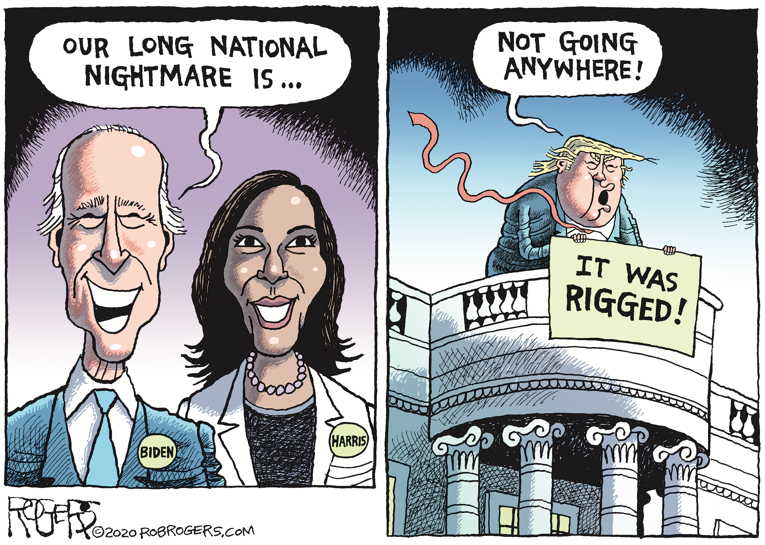 Political/Editorial Cartoon by Rob Rogers on Trump Claims Victory