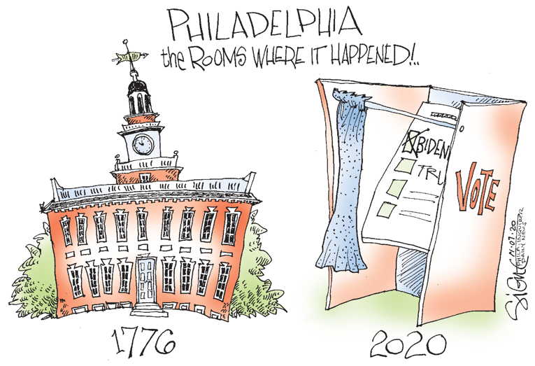 Political/Editorial Cartoon by Signe Wilkinson, Philadelphia Daily News on Trump Claims Victory
