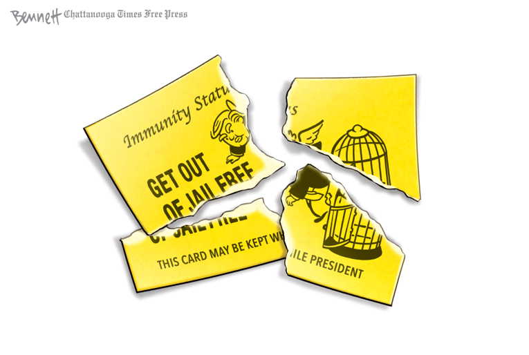 Political/Editorial Cartoon by Clay Bennett, Chattanooga Times Free Press on Trump Not in Prison Yet