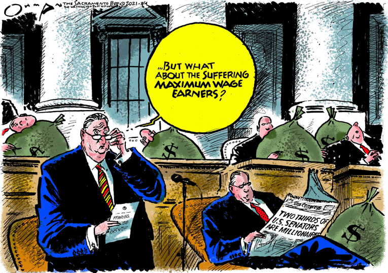 Political/Editorial Cartoon by Ted Rall on $15 Minimum Wage in Peril