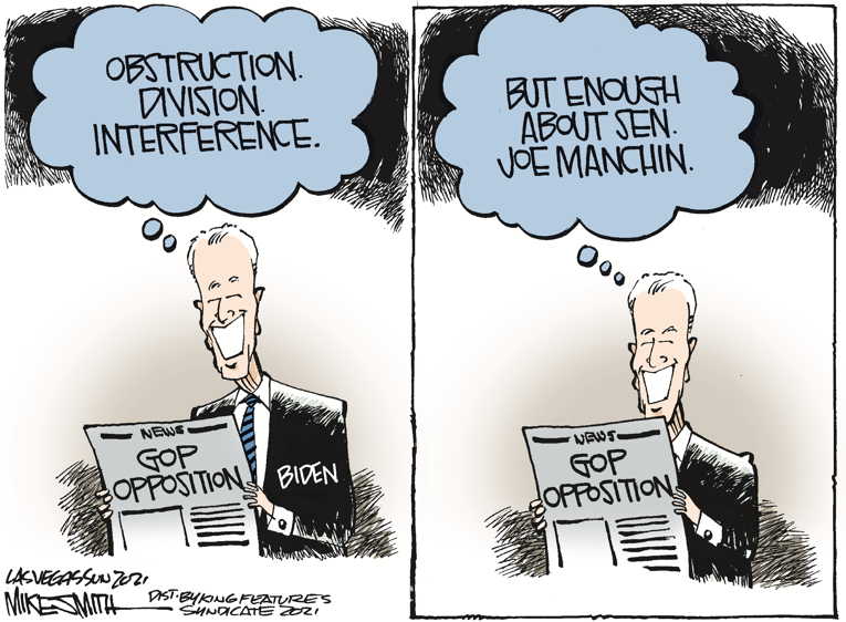 Political/Editorial Cartoon by Mike Smith, Las Vegas Sun on Joe Manchin Delivers