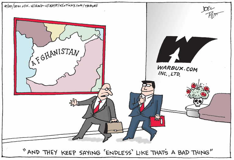 Political/Editorial Cartoon by Joel Pett, Lexington Herald-Leader, CWS/CartoonArts Intl. on U.S to Leave Afghanistan
