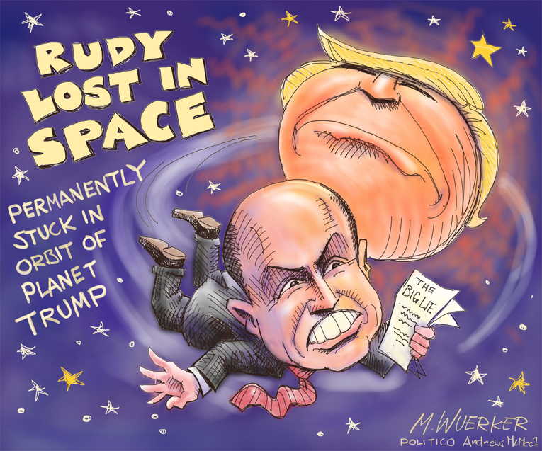 Political/Editorial Cartoon by Matt Wuerker, Politico on Rudy Giuliani Falls Deeper