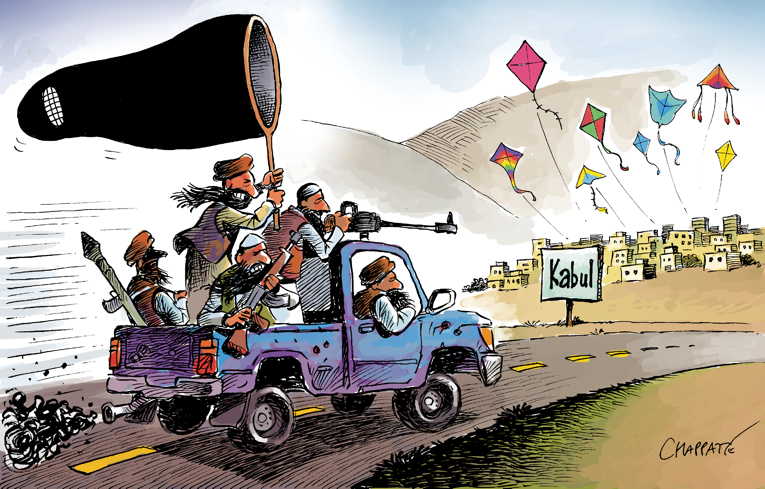 Political/Editorial Cartoon by Patrick Chappatte, International Herald Tribune on Afghanistan Falls