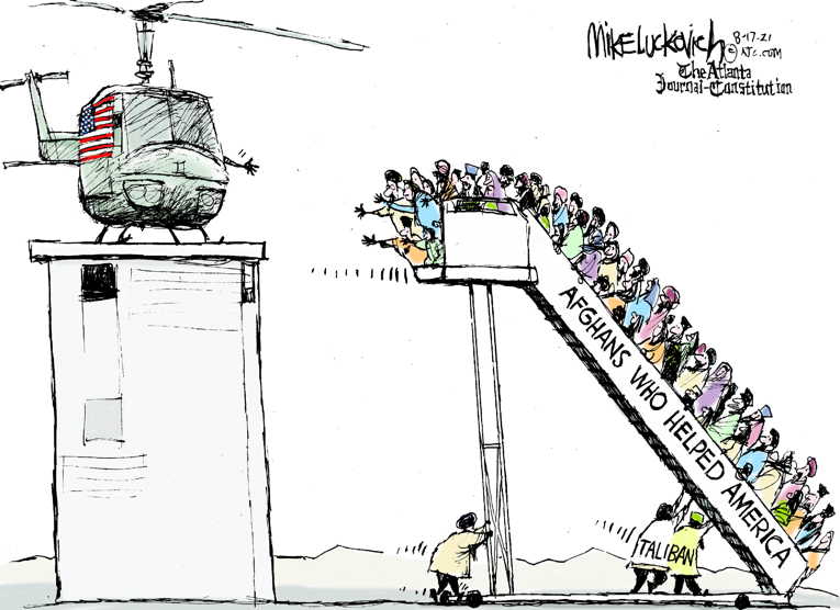Political/Editorial Cartoon by Mike Luckovich, Atlanta Journal-Constitution on Afghanistan Falls