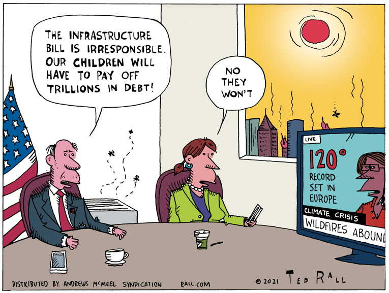 Political/Editorial Cartoon by Ted Rall on Infrastructure Deal Struck