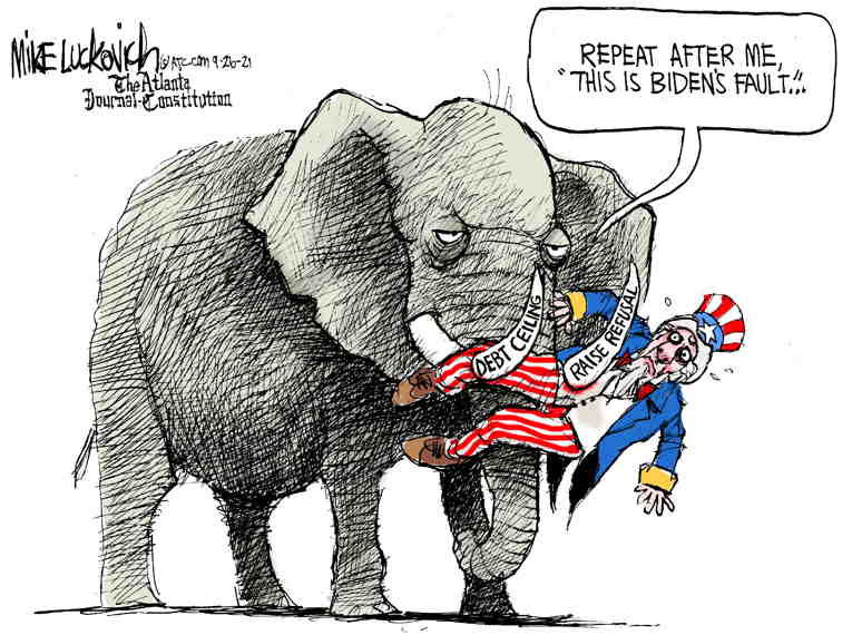 Political/Editorial Cartoon by Mike Luckovich, Atlanta Journal-Constitution on Debt Ceiling Impasse