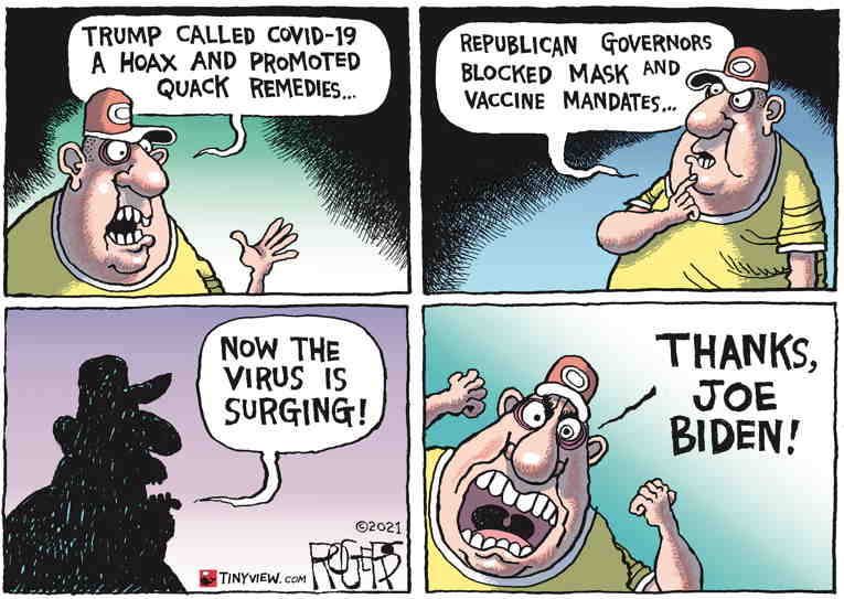 Political/Editorial Cartoon by Rob Rogers on New Strain Spreading Fast