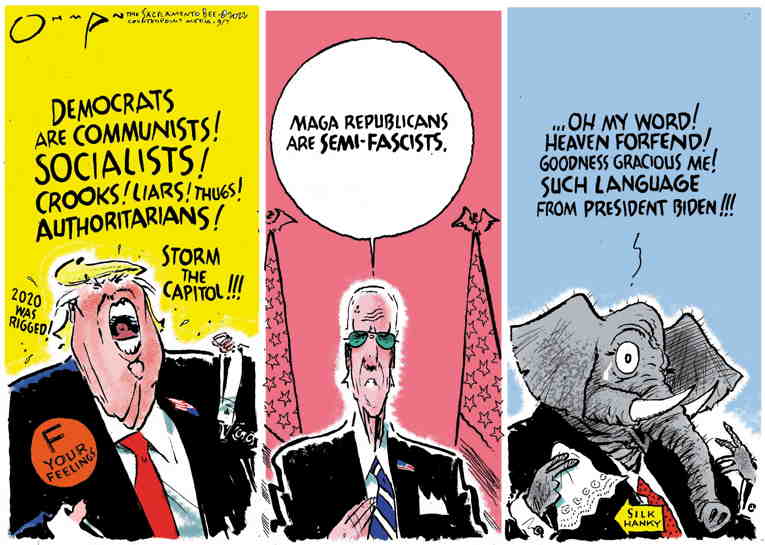 Political/Editorial Cartoon by Jack Ohman, The Oregonian on Joe Biden Hits Back