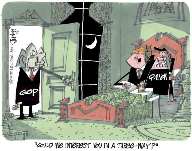 Political/Editorial Cartoon by Lee Judge, King Features on Donald Trump Weds QAnon