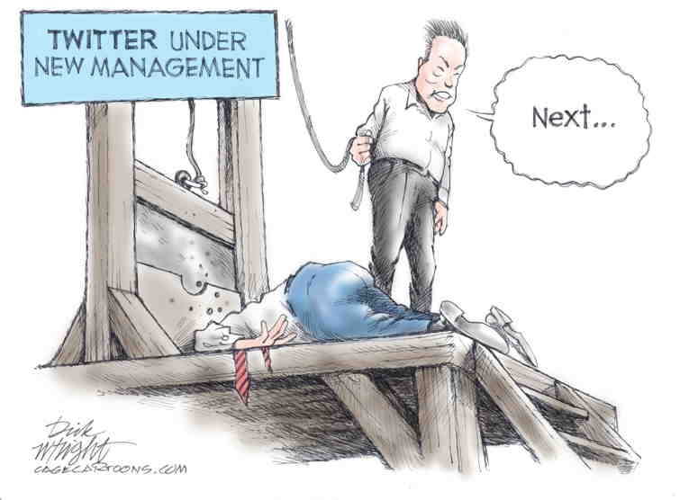 Political/Editorial Cartoon by Dick Wright, PoliticalCartoons.com on Musk Takes Twitter Helm