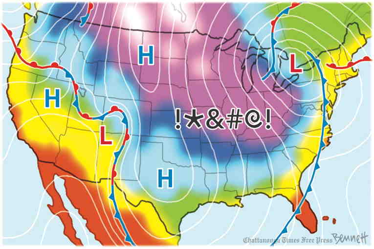 Political/Editorial Cartoon by Clay Bennett, Chattanooga Times Free Press on Record Cold Blasts Nation
