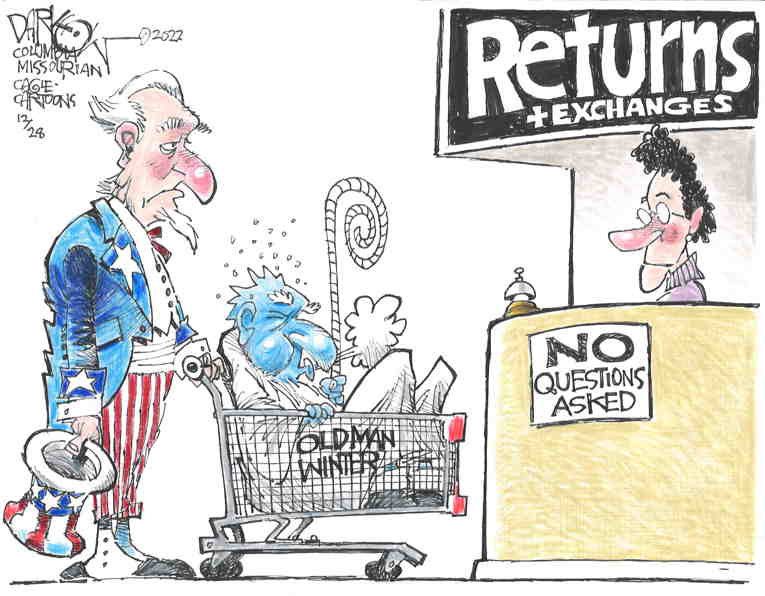 Political/Editorial Cartoon by John Darkow, Columbia Daily Tribune, Missouri on Record Cold Blasts Nation