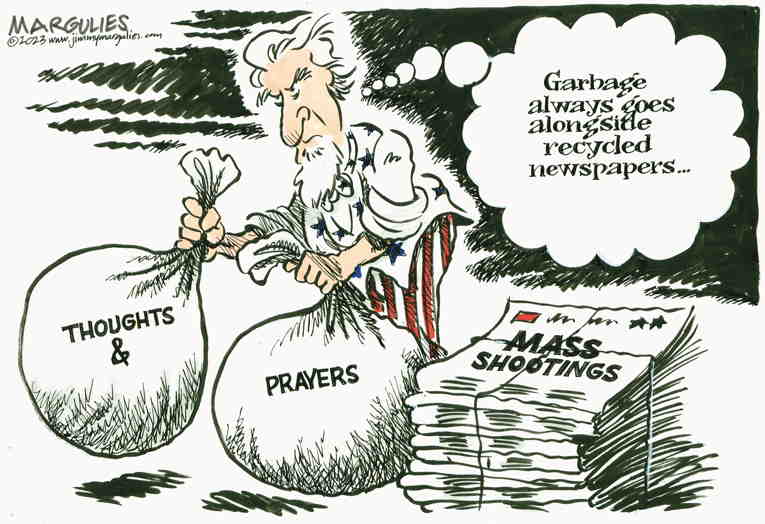 Political/Editorial Cartoon by Jimmy Margulies, King Features on Thoughts and Prayers