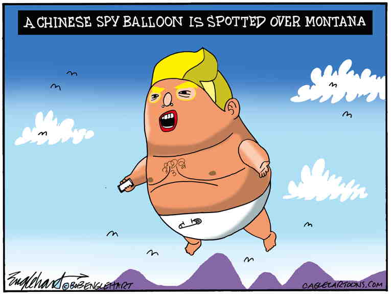Political/Editorial Cartoon by Bob Englehart, Hartford Courant on US Shoots Down Balloon