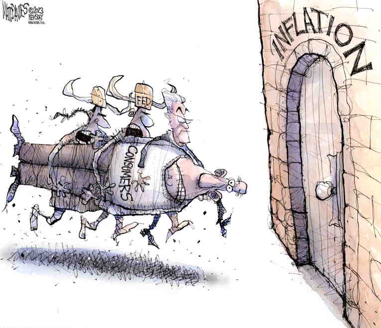 Political/Editorial Cartoon by Matt Davies, Journal News on Inflation Slows Slightly