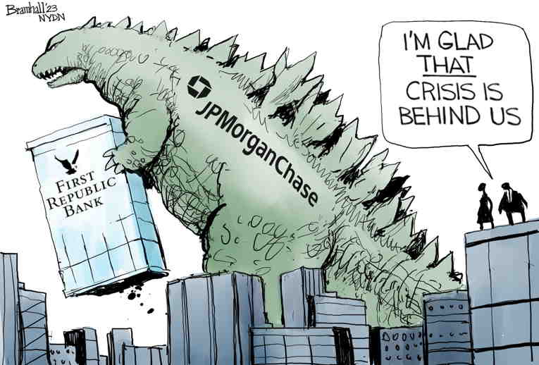 Political/Editorial Cartoon by Bill Bramhall, New York Daily News on Bank Crisis Lingering